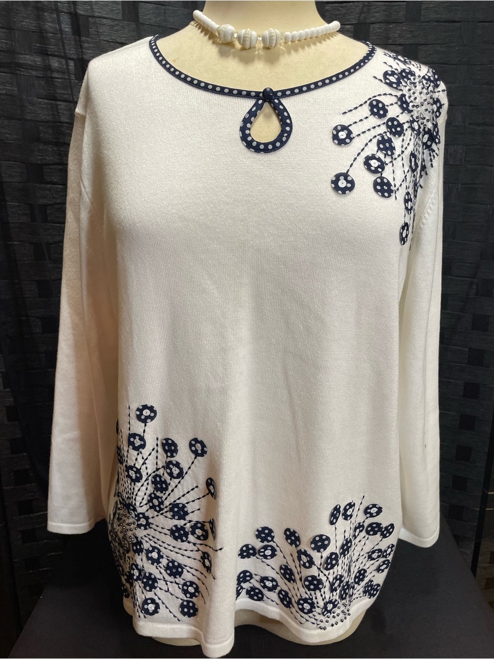 Alfred Dunner White Long Sleeve Top with Navy Floral Dot Accents